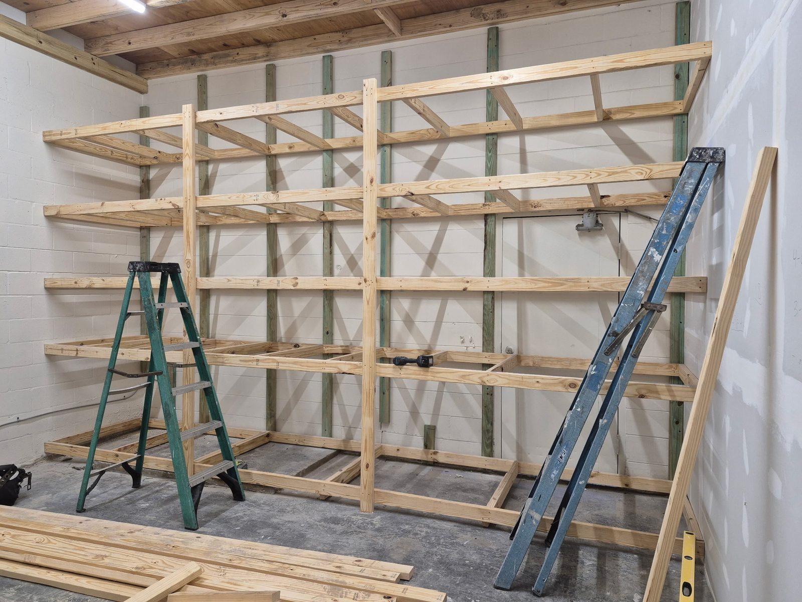 Custom built-in wood shelving framing